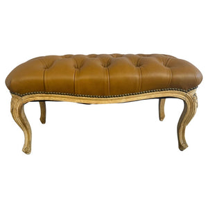 French Louis XV Style Tufted Bench - Caramel Leather