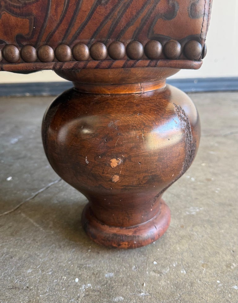Large Embossed Leather Ottoman with Bun Feet