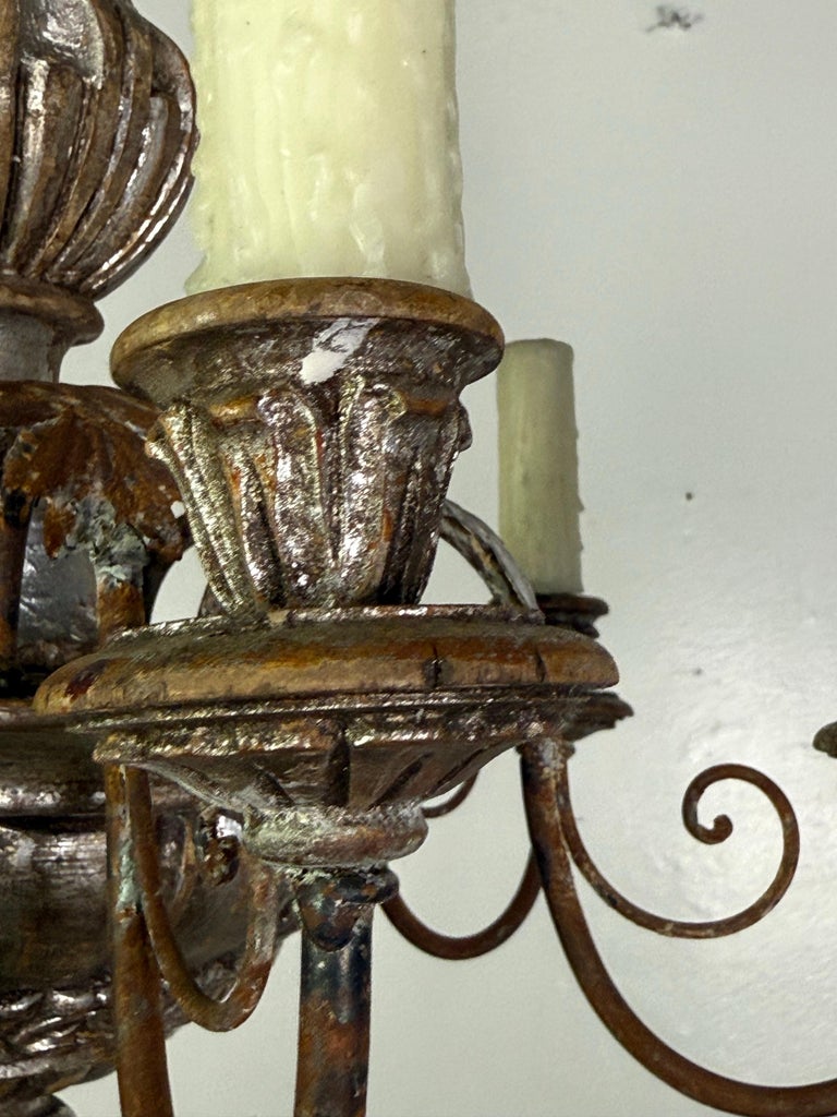 Italian Silvered Wood and Iron Six-Light Chandelier
