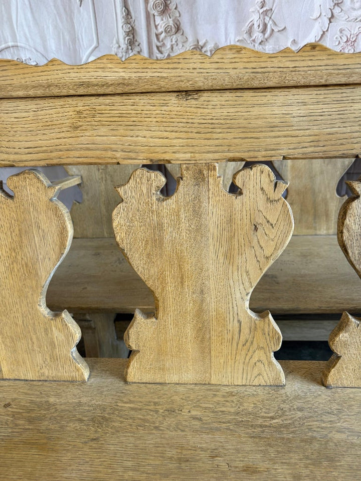 Rustic Hand-Carved Oak Benches, Pair, Folk Art / Spanish Colonial Style