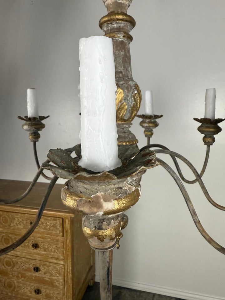 Antique Italian Giltwood and Iron Six-Light Chandelier