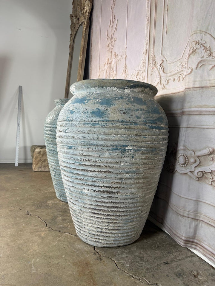 Pair of Antique Weathered Terracotta Garden Urns with Blue Patina