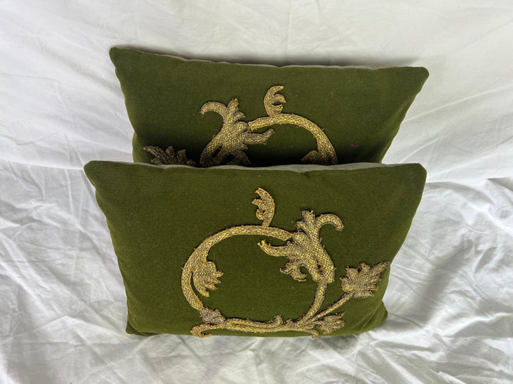 Pair of Metallic Applique Olive Green Pillows by MLA