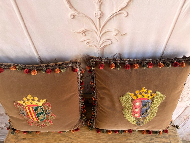 Pair of Velvet Pillows with 19th Century Metallic & Silk Embroidered Crests