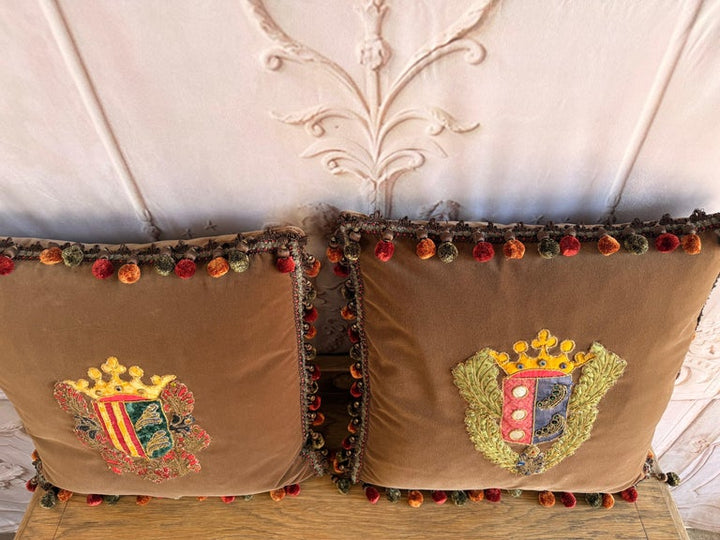 Pair of Velvet Pillows with 19th Century Metallic & Silk Embroidered Crests