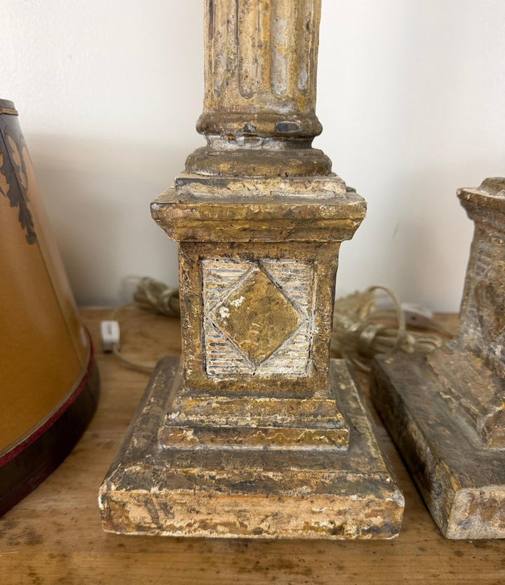 Pair of Italian Neoclassical Corinthian Column Table Lamps Distressed Giltwood