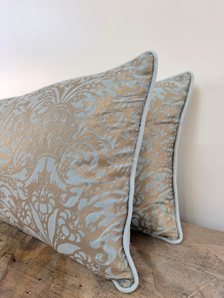 Custom Aquamarine & Gold Fortuny lumbar Pillows