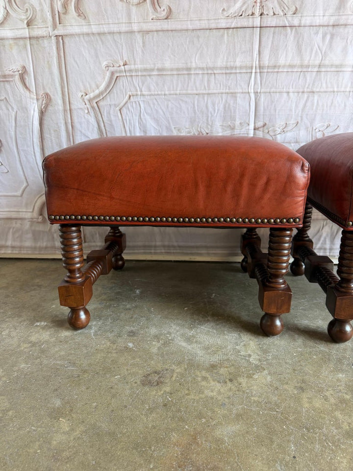 Spanish Colonial Revival Leather Benches with Antique Brass Trim, 1960