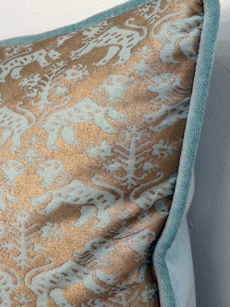 Pair of Richelieu Lions in Aquamarine and Gold Velvet Fortuny Pillows