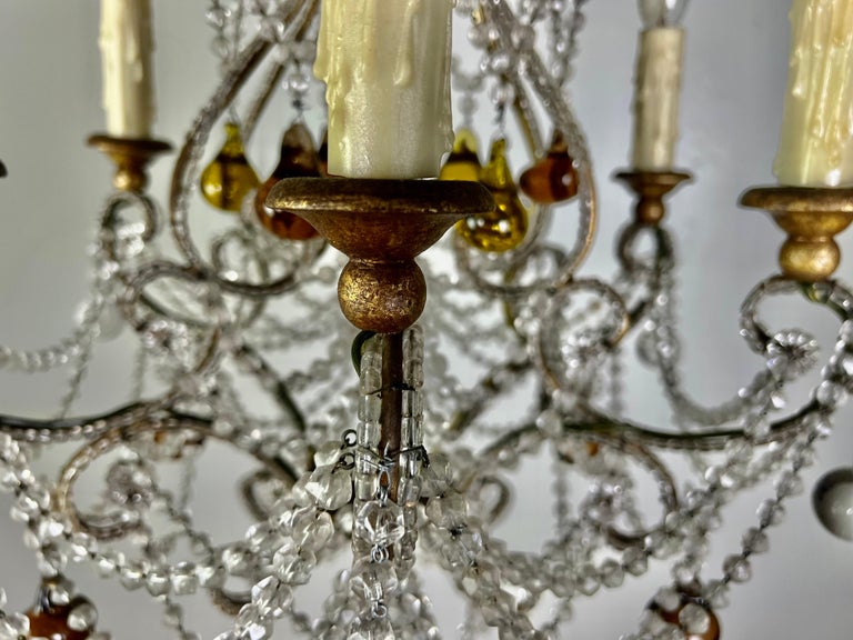 French Crystal Beaded Chandelier W/ Amber Drops, circa 1930