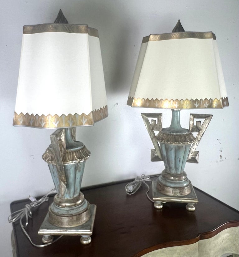 Pair of Greek Key Painted Lamps w/ Parchment Shades