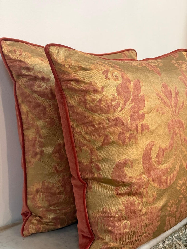 Custom Mariano Fortuny Pillows in Antique Gold &amp; Coral Damask