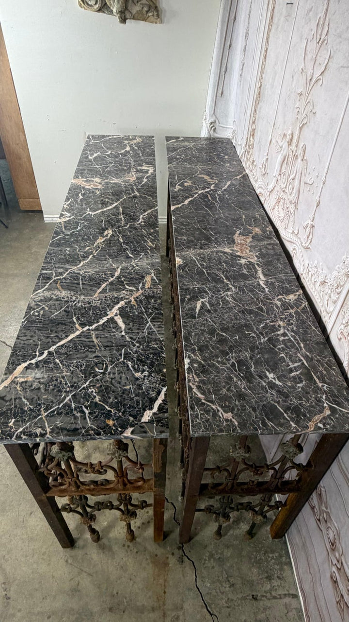 Pair of 19th Century Wrought Iron Consoles with Marble Tops