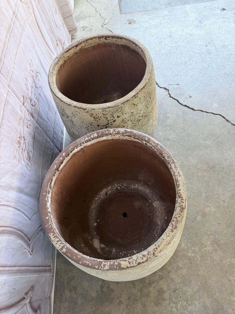 Pair of Large 20th Century Pitted Limestone-Finish Terra Cotta Planters