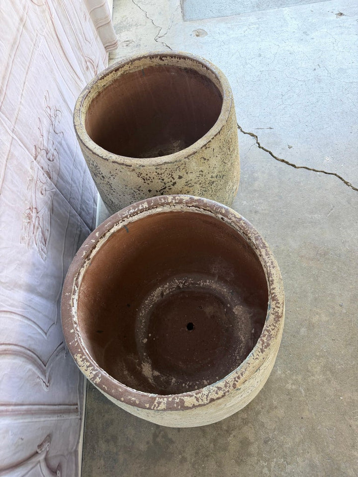 Pair of Large 20th Century Pitted Limestone-Finish Terra Cotta Planters
