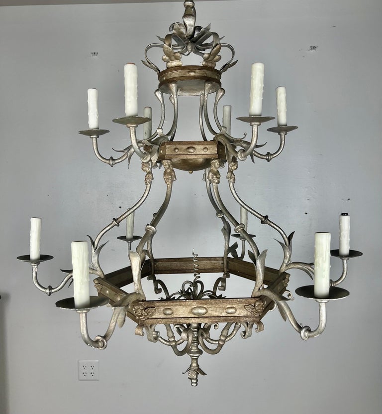 Monumental Two-Tiered 12-Light Silvered Chandelier w/ Crown