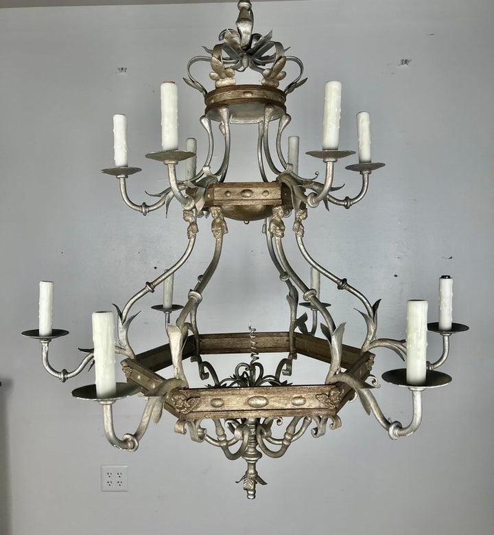 Monumental Two-Tiered 12-Light Silvered Chandelier w/ Crown