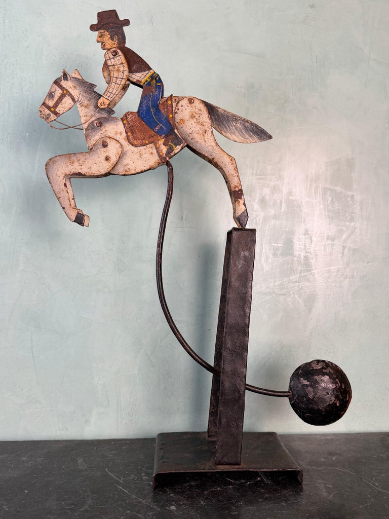 Vintage Folk Art Cowboy on Horse Balancing Sculpture