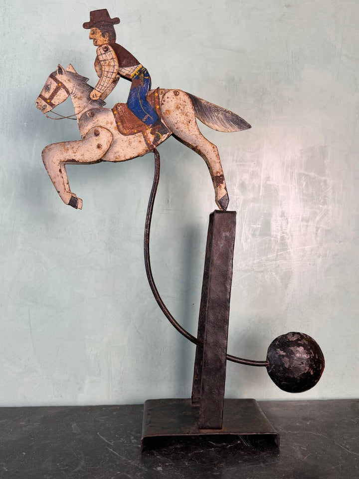 Vintage Folk Art Cowboy on Horse Balancing Sculpture