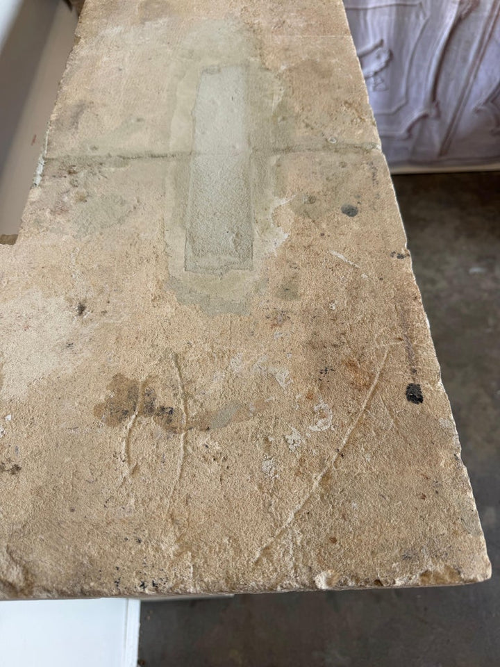 Petite 18th Century French Limestone Fireplace Mantel With Scrolled Corbels