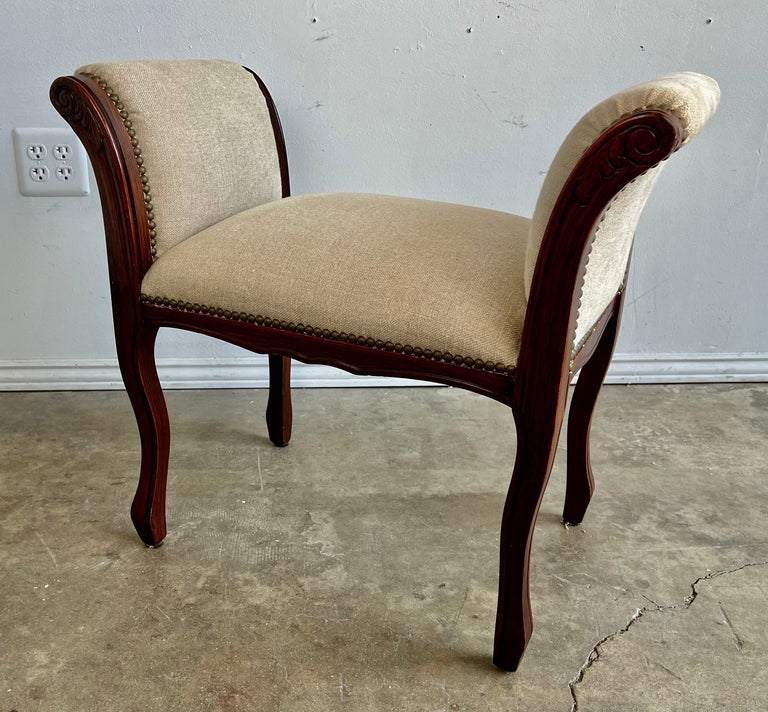 French Linen Upholstered Bench C. 1940's