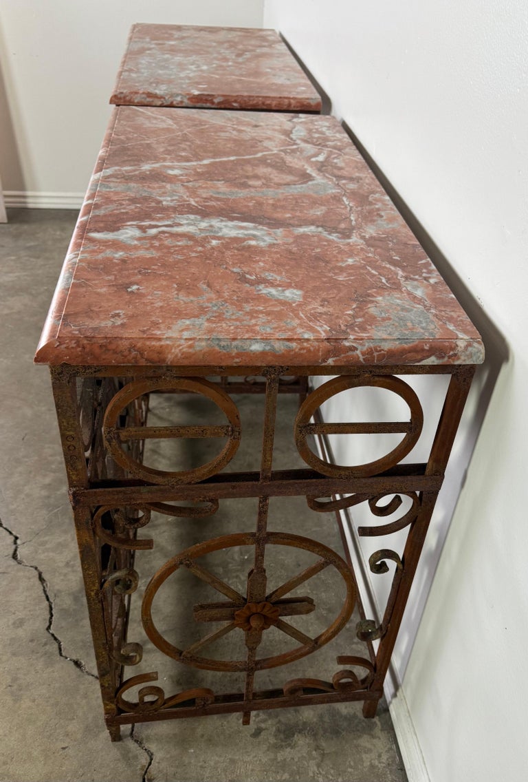 Pair of Italian Wrought Iron Consoles with Rosso Verona Marble Tops