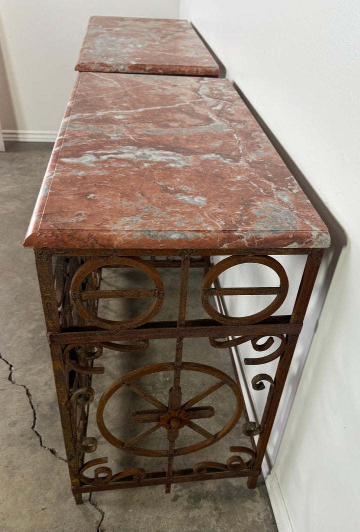 Pair of Italian Wrought Iron Consoles with Rosso Verona Marble Tops