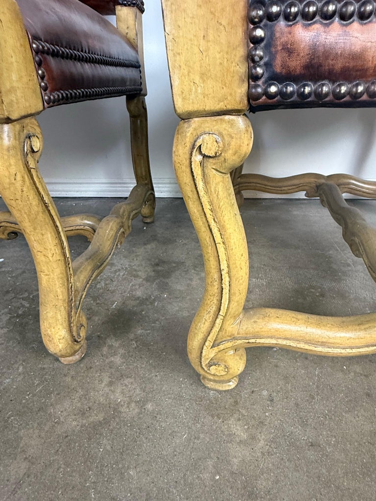 Pair of Mid-20th Century Italian Carved Armchairs with Leather Upholstery