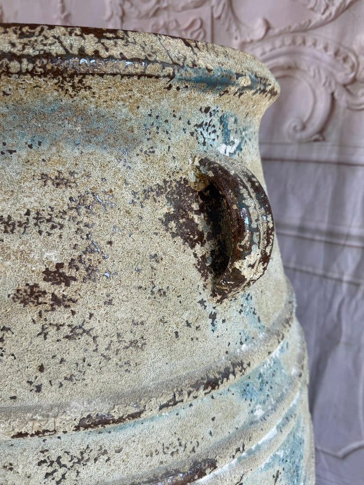 Pair of Large Distressed Mediterranean Style Terracotta Olive Jars with Handles