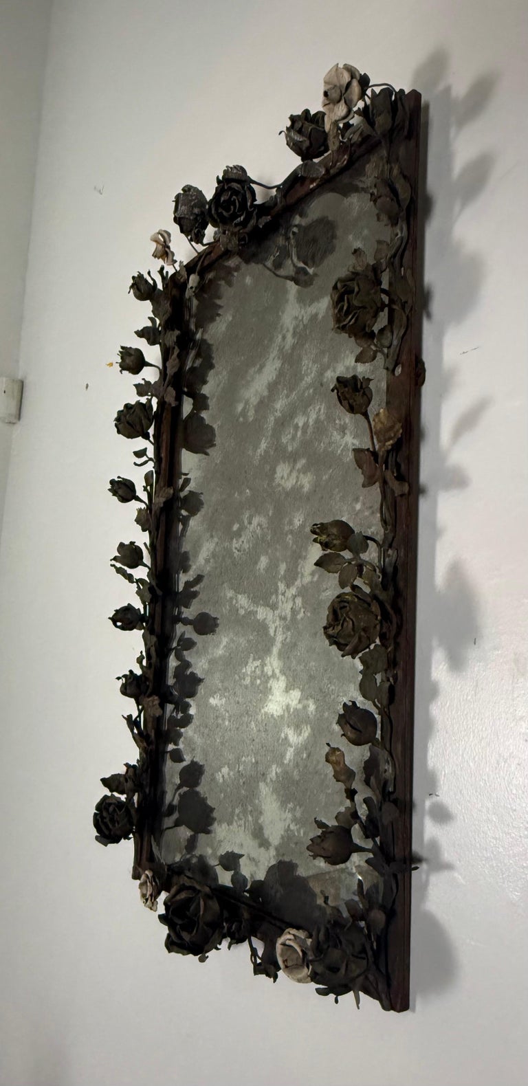 Antique Mid-Century Wrought Iron Mirror with Floral Motif