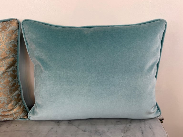 Pair of Richelieu Lions in Aquamarine and Gold Velvet Fortuny Pillows