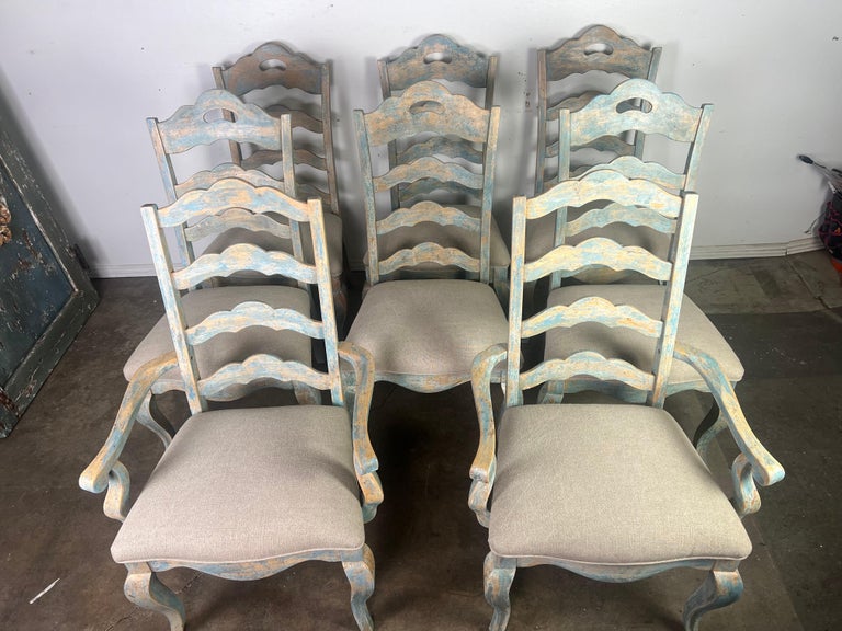 Set of Eight French Painted Ladder Back Dining Chairs