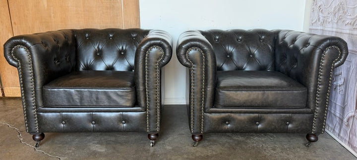 Pair of English CHesterfield Club Chairs- Tufted Armchairs