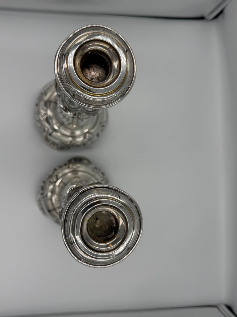 Pair of Antique Sterling Silver Baroque Revival Candlesticks with Repoussé