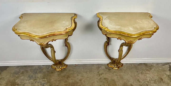 Pair of Italian Painted & Parcel Gilt Consoles w/ Drawers