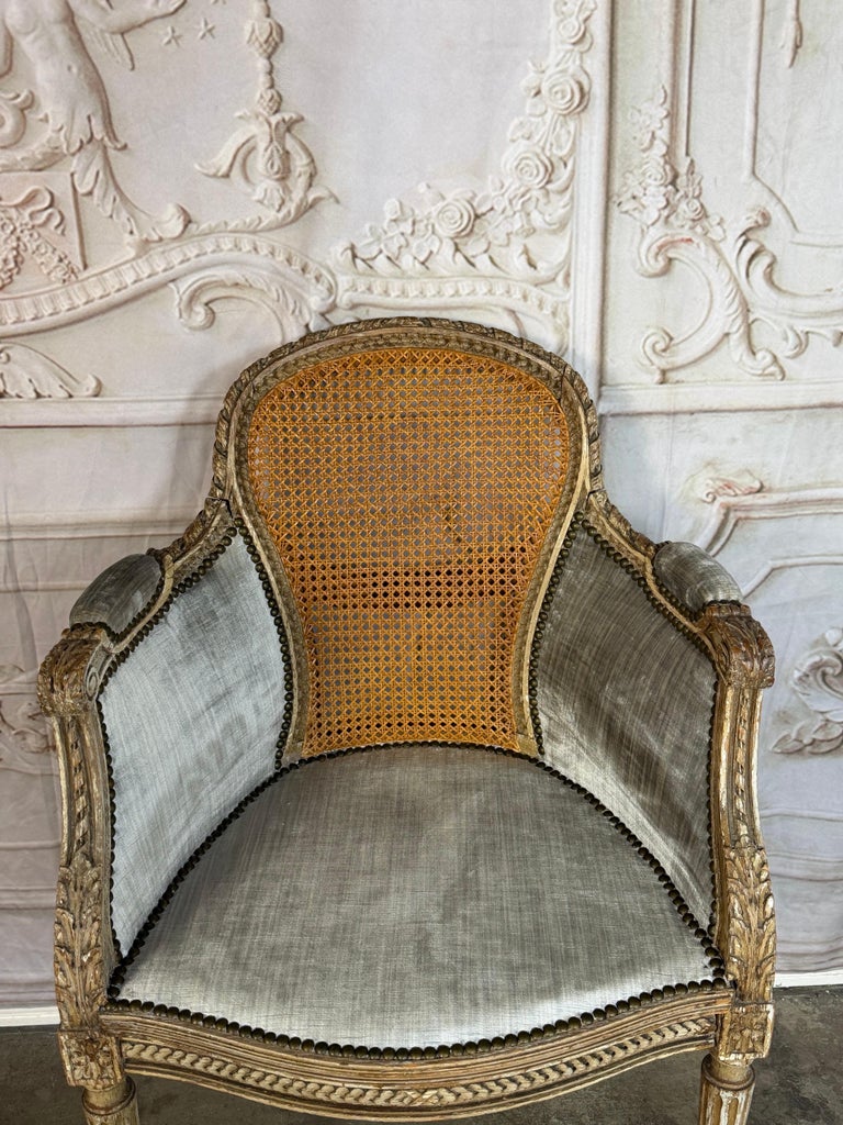 Antique French Louis XVI Style Painted Bergère Chair with Cane Back