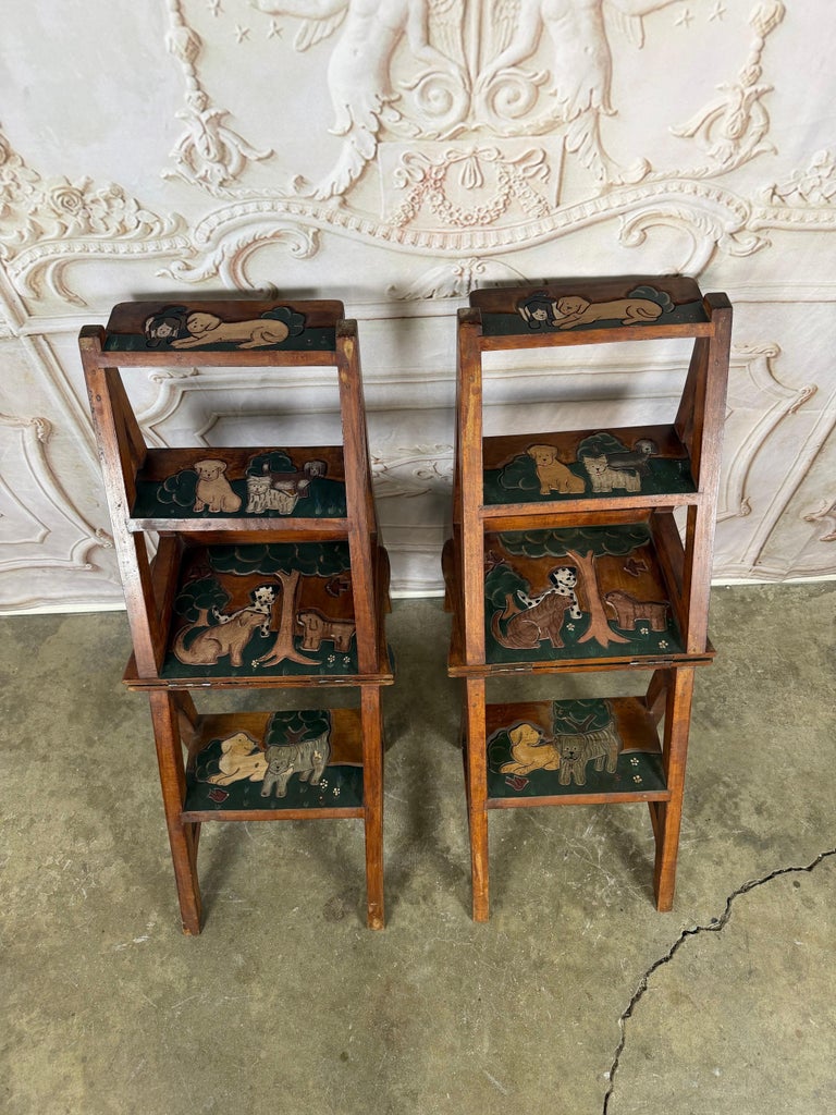 Pair of Hand-Painted Convertible Library Step Ladder Chairs with Dog Motif
