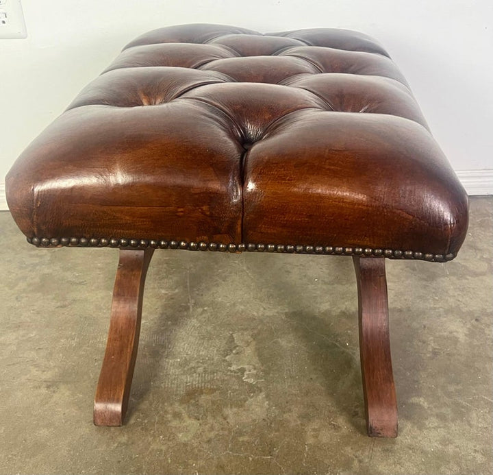 English Leather Tufted Bench C. 1940