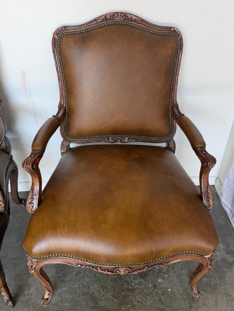 Pair of VIntage French Louis XV Cognac Leather Fauteuils