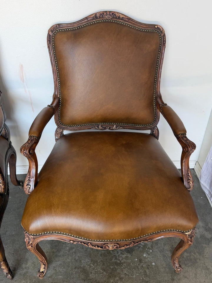 Pair of VIntage French Louis XV Cognac Leather Fauteuils