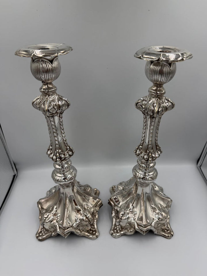 Pair of Baroque Revival Silver Candlesticks with Figural Tripod Bases