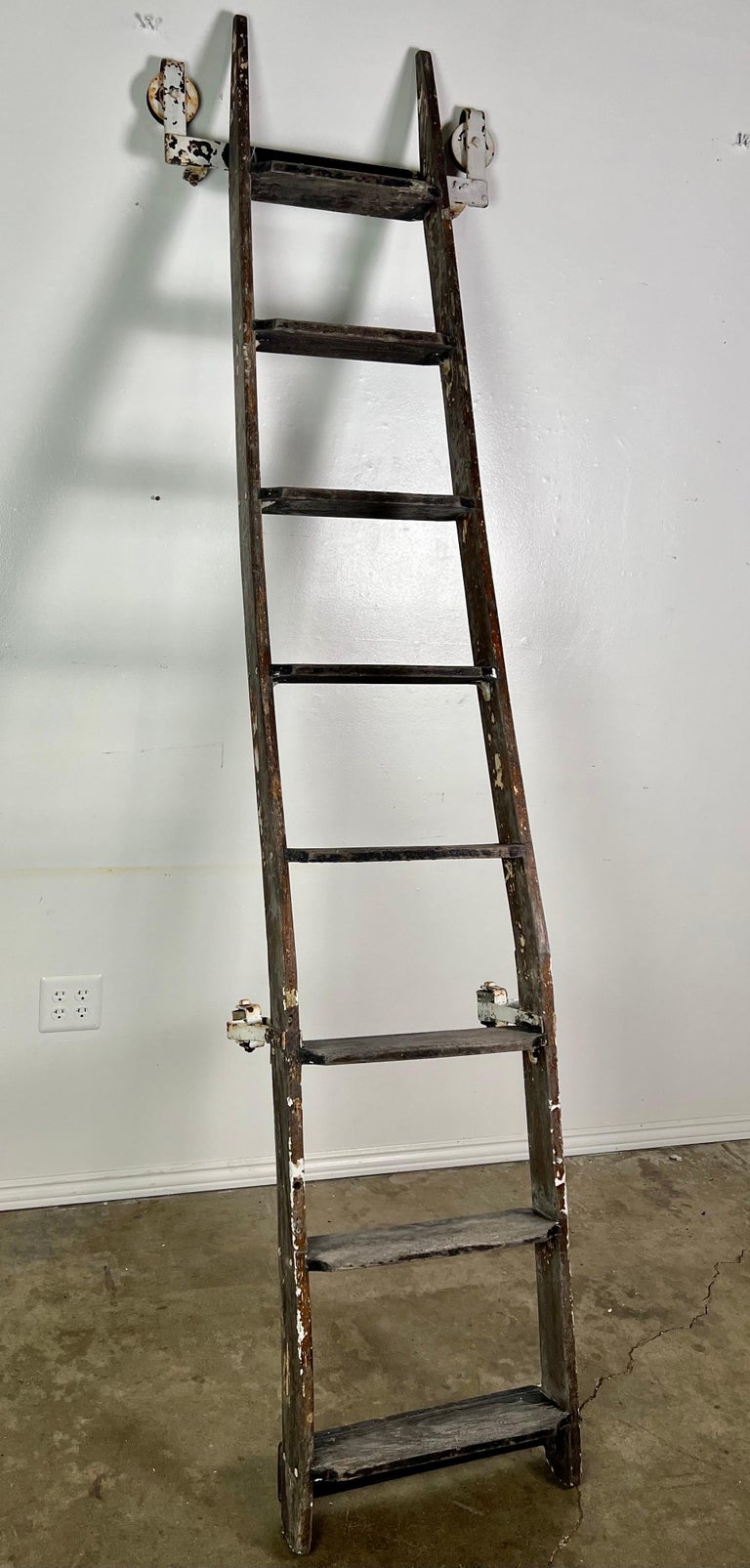 Antique Rustic Library Ladder, Iron & Wood with Distressed Patina