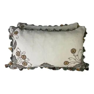 Pair of Custom Embroidered Linen Pillows w/ Tassel Fringe
