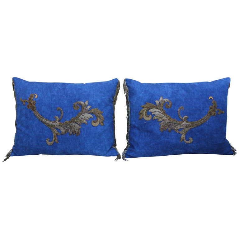 Pair of Metallic Appliqued Blue Linen Pillows