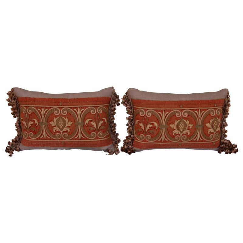 Pair of Antique Rust Velvet Metallic Embroidered Pillows by Melissa Levinson