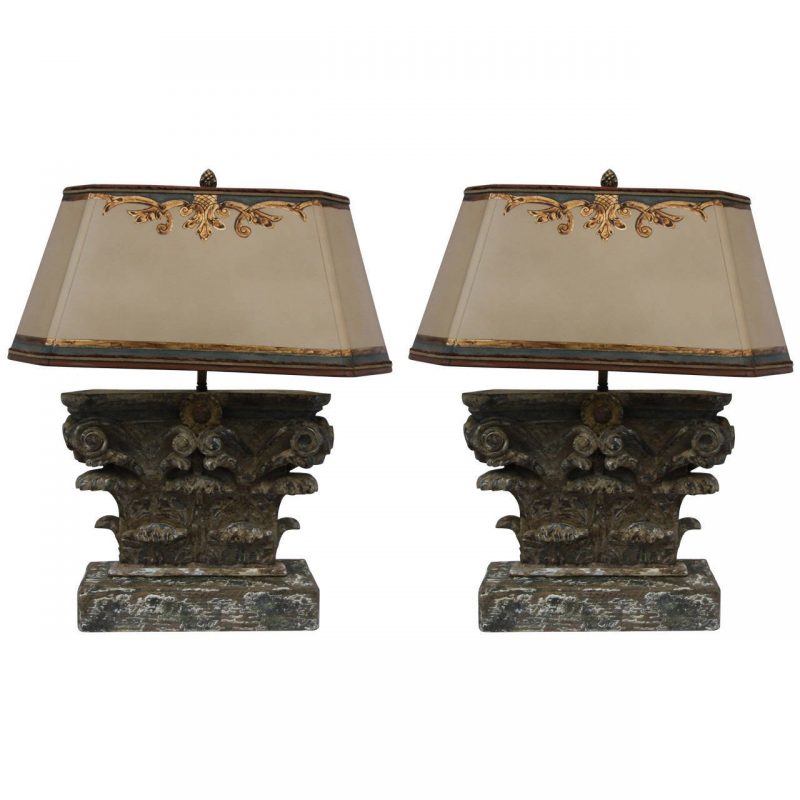 Pair of Italian Carved Capital Lamps with Parchment Shades
