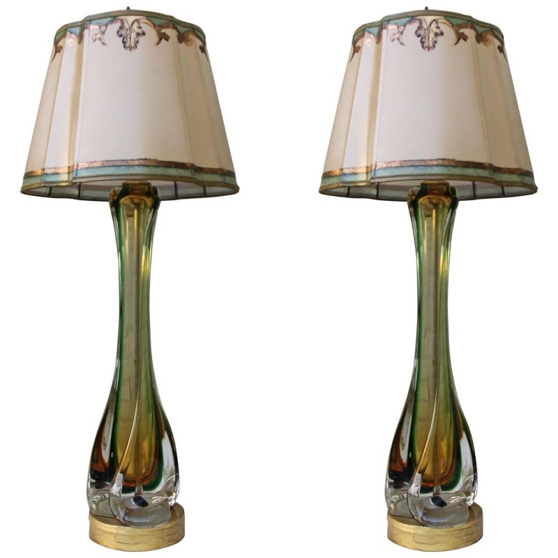 Pair of Italian Art Glass Lamps with Parchment Shades