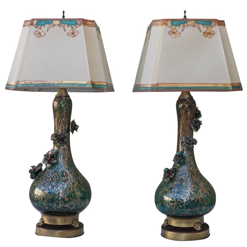 Rare Teal and Gold Murano Lamps with Flowers