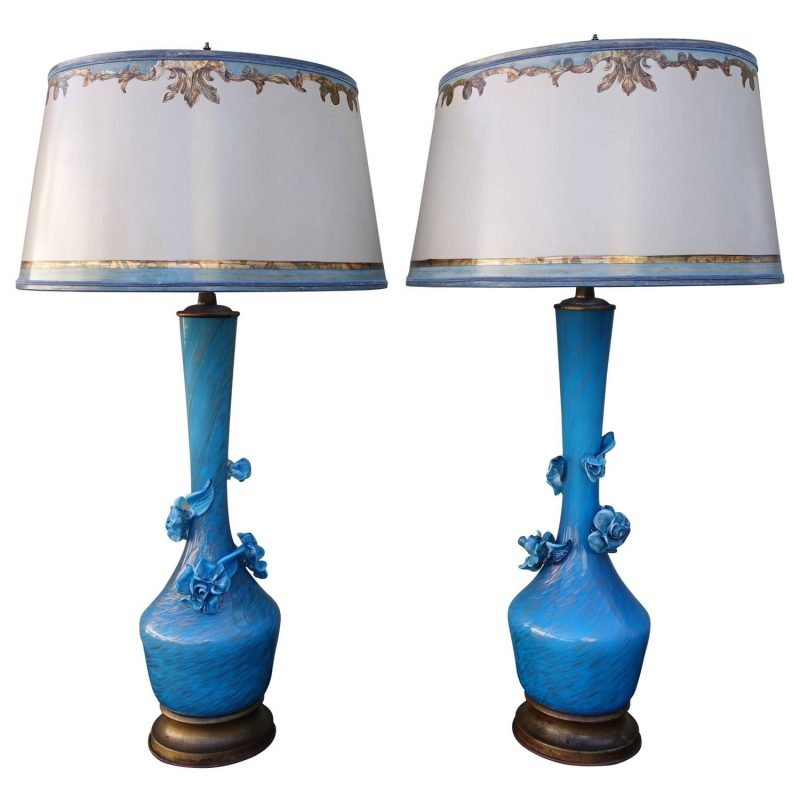 Turquoise Murano Lamps with Parchment Shades