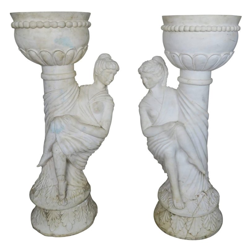 Pair of Italian Carrera Marble Figural Planters